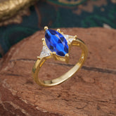 Marquise Cut Three Stone Sapphire Engagement Ring Anniversary Gift for Women